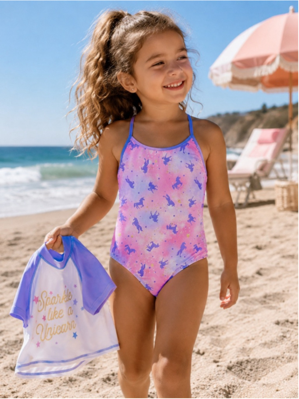 Cat & Jack Unicorn Swimsuit & Rash Guard Set XS 4/5 UPF 50+ EUC/NWT